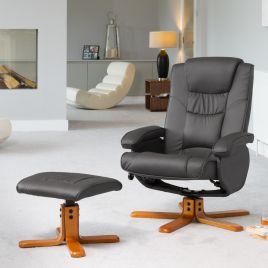 Armchair - REVOLUX Leather Swivel Recliner Chair with Stool - Grey