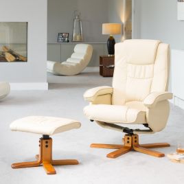 Armchair - REVOLUX Leather Swivel Recliner Chair with Stool and Heated Massager - Cream