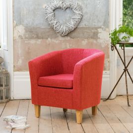 Tub Chair - VIVELLA Textured Fabric Chair with Light Wood Legs - Red