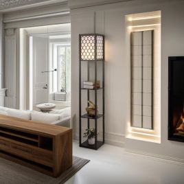 PALLORIN Floor Lamp Modern Standing Light with 3 Shelves and Fabric Shade - Black