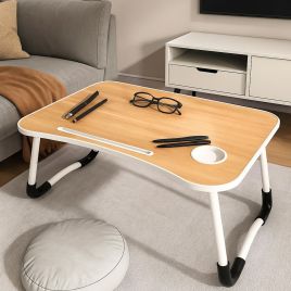 ORIVANE Laptop Table Folding Bed Tray Desk with Cup Holder - Walnut