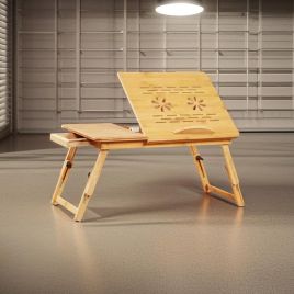 NOVATRA Laptop Table Adjustable Bamboo Bed Tray with Drawer and Folding Legs - Natural