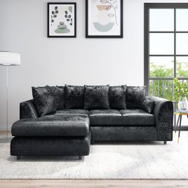 VELOURA Crush Velvet 4 Seater L Shaped Scatterback Corner Sofa - Black, Left Hand Facing