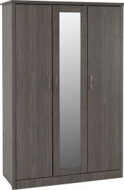 Wardrobe - LISKEARD 3 Door Mirrored Wardrobe Black Wood Grain 120cm