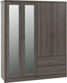 Wardrobe - LISKEARD 4 Door Mirrored Wardrobe Black Wood Grain 157cm