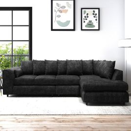 LORVANI Fabric Large 5 Seater L Shaped Scatterback Corner Sofa - Black, Right Hand Facing