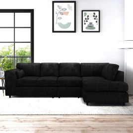 LORVANI Fabric Large 5 Seater L Shaped Fullback Corner Sofa - Black, Right Hand Facing