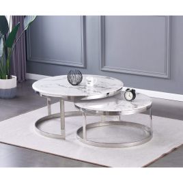 Stuttgart Marble Circular Coffee Table Set with White Artificial Marble Top Stainless Steel Base in Silver