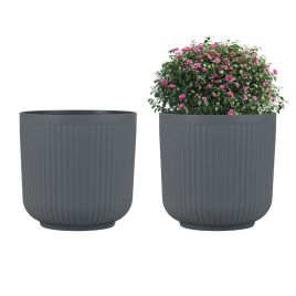 Round Plastic Planters Set of 2 with Optional Drainage System-Grey