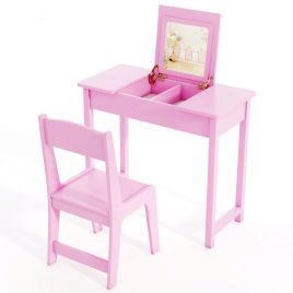 ANLO 2 in 1 Kids Vanity Table and Chair Set with Flip Top Mirror Hidden Storage-Pink