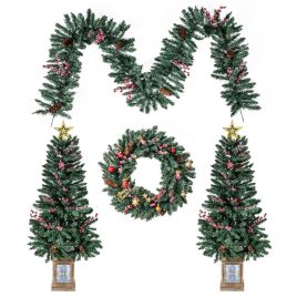 Set of 4 Christmas Entrance Trees with Garland & Wreath - Green