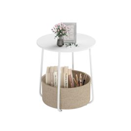 PVARO 2-Tier End Table with Fabric Storage Basket and Metal Frame-White