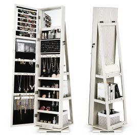 Full Length Mirrored Jewellery Cabinet Rotates 360Â° with Open Display Shelves-White