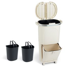 OAVIX 38L Kitchen Trash Can Sorting Garbage Bin with Lids 2 Detachable Buckets-Beige