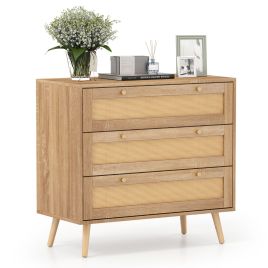 SOLAVA Oak Finish Rattan Chest of Drawers - Medium-sized, 3 Drawers