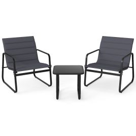 3-Piece Patio Bistro Set with Cushions & Glass Table-Grey