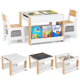 LYVEUL 4 in 1 Kids Table and Chairs Set with Reversible Tabletop and Bookshelves-Natural