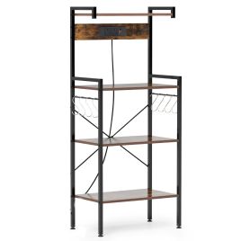Kitchen Bakers Rack with Power Outlet and Hooks-Rustic Brown