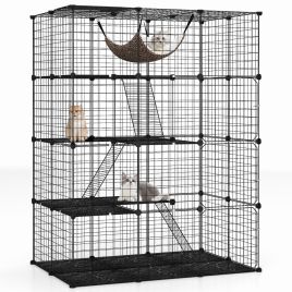 4 Tier Large Cat Enclosure with Comfy Hammock Ladders and Doors-Black