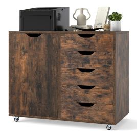 LUVE 5-Drawer Chest with Door and Adjustable Shelf-Rustic Brown