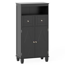 KVARO Bathroom Floor Storage Cabinet with Doors and Shelves-Black