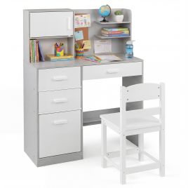 JOREX Kids Desk and Chair Set Study Table with Hutch Bulletin Board 3 Drawers-Grey