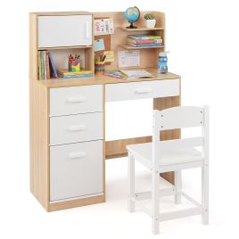 JOREX Kids Desk and Chair Set Study Table with Hutch Bulletin Board 3 Drawers-Natural