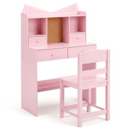 JAVOR Kids Study Desk and Chair Set with Open Shelves and Cork Bulletin Board-Pink