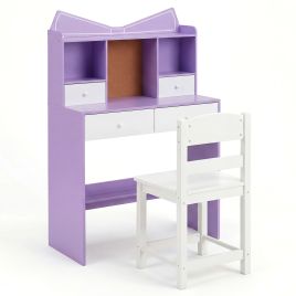 JAVOR Kids Study Desk and Chair Set with Open Shelves and Cork Bulletin Board-Purple
