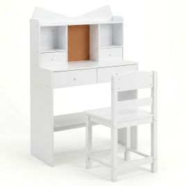 JAVOR Kids Study Desk and Chair Set with Open Shelves and Cork Bulletin Board-White