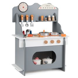 TILOR Pretend Play Toy Kitchen Set with Clock Stove Spice Rack for Aged 3+-Grey