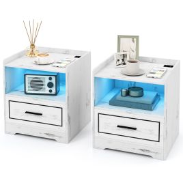 WIREL Set of 2 LED Bedside Table with USB and Type-C Port-White