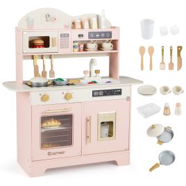 RYNOR Wooden Toddler Play Kitchen with 17 Pieces Accessories-Pink