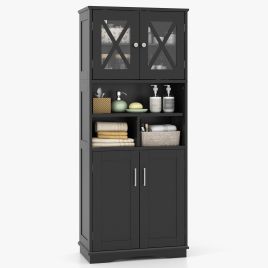 Tall Bathroom Floor Storage Cabinet with Acrylic Doors and 3 Cubes-Black