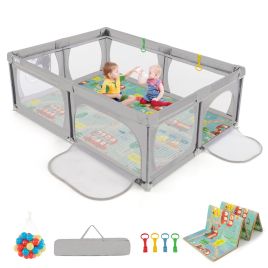 COVESI Baby Playpen with Mat and 4 Pull Rings -Light Grey