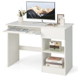 LYLURA Modern Wooden Office Computer Desk with Keyboard Tray-White