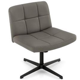 Office Chair - PU Leather Upholstered Armless Cross Legged Office Desk Chair No Wheels Grey 70cm