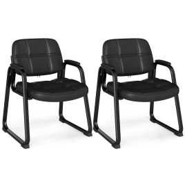 Set of 2 Ergonomic Reception Chair with Metal Frame and Padded Armrests-Black