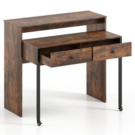 CAARNO Extendable Computer Desk with 2 Storage Drawers Convertible Home Office Desk -Rustic Brown