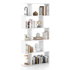 Bookcase - Geometric S-Shaped Bookcase with Anti-Toppling Device for Living Room Home Office-White