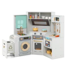TIORA Corner Kitchen Playset with Pull-out Trash Can-Light Grey
