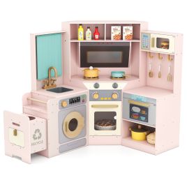 TIORA Corner Kitchen Playset with Pull-out Trash Can-Pink