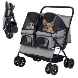 SAVIX Double Pet Stroller Foldable Twin Dog Walk Jogger with 2-seater Carrier-Grey