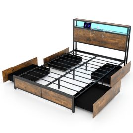 Double Bed - NAPLES 4ft6 Metal Bed with LED Lights Headboard Rustic Brown