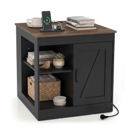 MAVOR Bedside Table with Charging Station & Shelf-Black