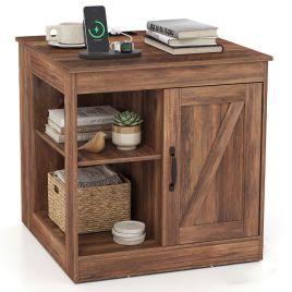 MAVOR Bedside Table with Charging Station & Shelf-Rustic Brown