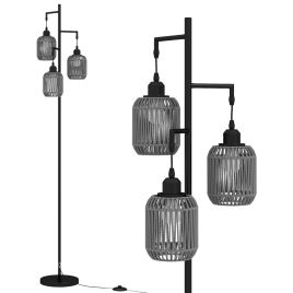 UYNOR 3-Light Floor Lamp with 3 Boho Paper Woven Lampshades and Weighted Base-Black