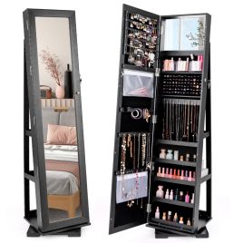 ONZEAL Full Length Mirrored Jewellery Cabinet Rotates 360° with Open Display Shelves-Black