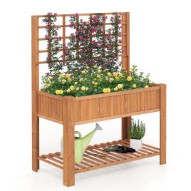 MOAR Raised Garden Bed with Trellis Wooden Elevated Planter Box with Legs-Brown