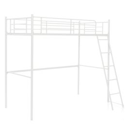 Metal Loft Bed with Integrated Ladder and Full-length Guardrails-White
